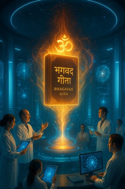 Die Bhagavad Gita – Arjuna und Krishna im Dialog, leuchtend im FutureLab
