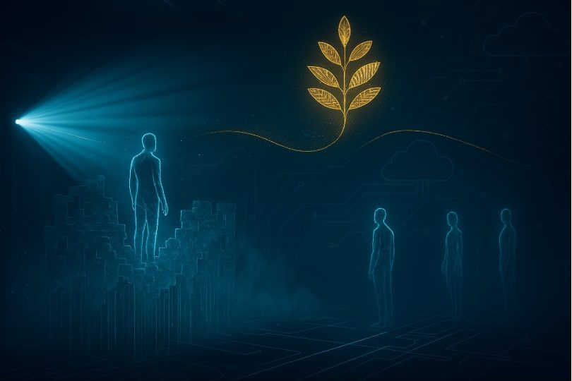 FutureLab des Zauberbergs: digital-abstrakter Raum mit Beamerprojektionen, Lichtbahnen und einer halbtransparenten Avatar-Gestalt aus Licht.