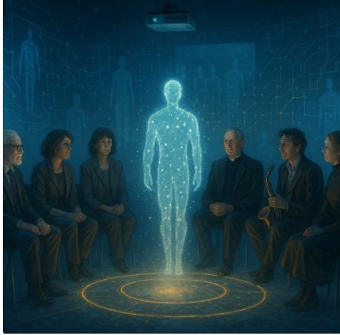 FutureLab-Salon: sieben Schauspieler:innen im Halbkreis, zentrale Avatarfigur aus Licht; holografische Daten und Beamer formen den Raum.