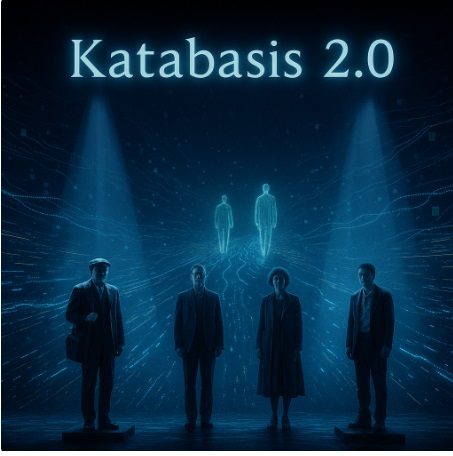 Katabasis 2.0: blaues Datenmeer, Ensemble am Rand des Abgrunds; digitale Silhouetten und Spiralen als Unterwelt der Erinnerung.