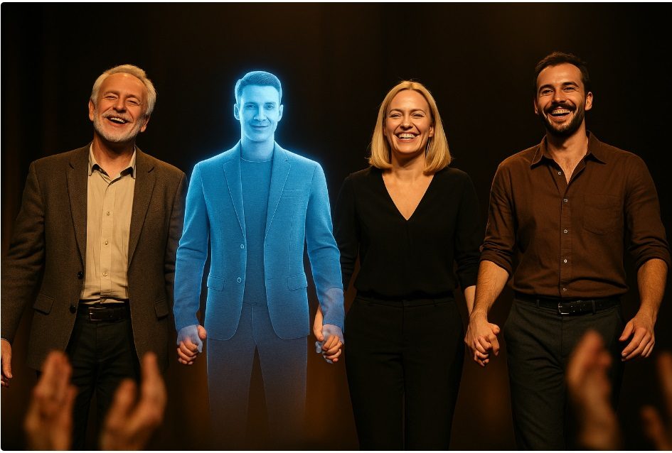 Schlussbild der Aufführung: Ensemble verbeugt sich vor dem Publikum; in der Mitte der leuchtende AVATAR. Strahlende Gesichter, stehender Applaus.