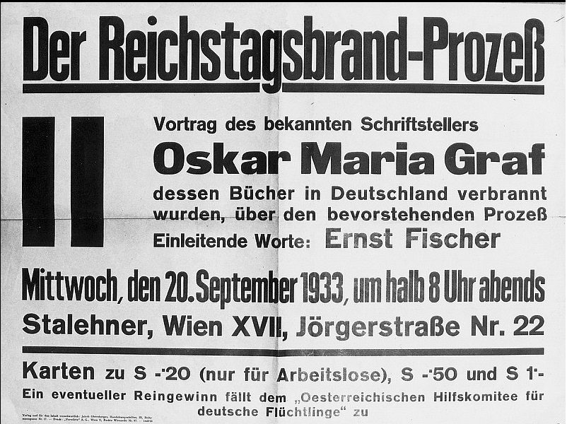 Plakat zu einem Vortrag Oscar Maria Grafs über den Reichstagsbrandprozess, Wien 1933