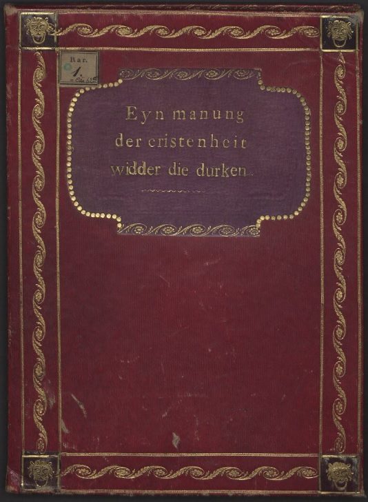 Umschlag des Türkenkalenders von 1455 mit dem Titel »Eyn manung der cristenheit widder die durken«